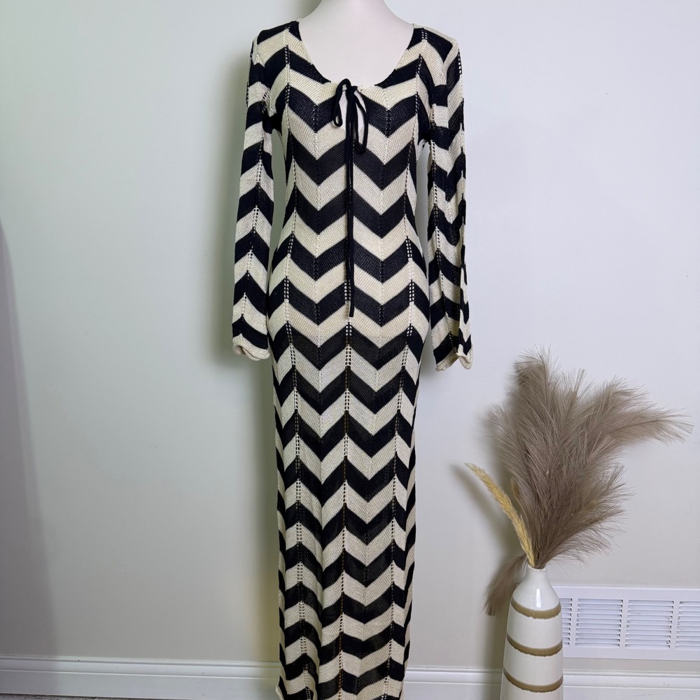 Breathesunny Crochet Chevron Metallic Swim Cover Up Maxi Dress Small Long Sleeve